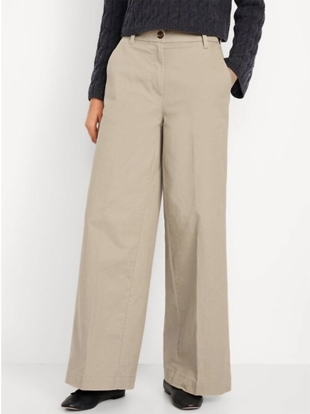 Extra High-Waisted Super Wide-Leg Chino Pants Stretch Cotton Beige Khaki 10 Tall
